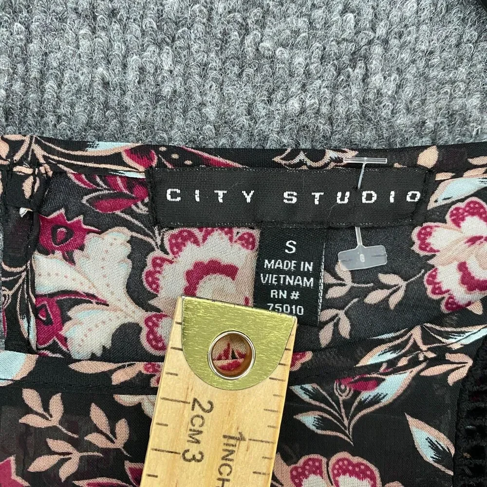 City Studio‎ Dress Small Black Power Floral Shift Boho Cottagecore Fairy Grunge